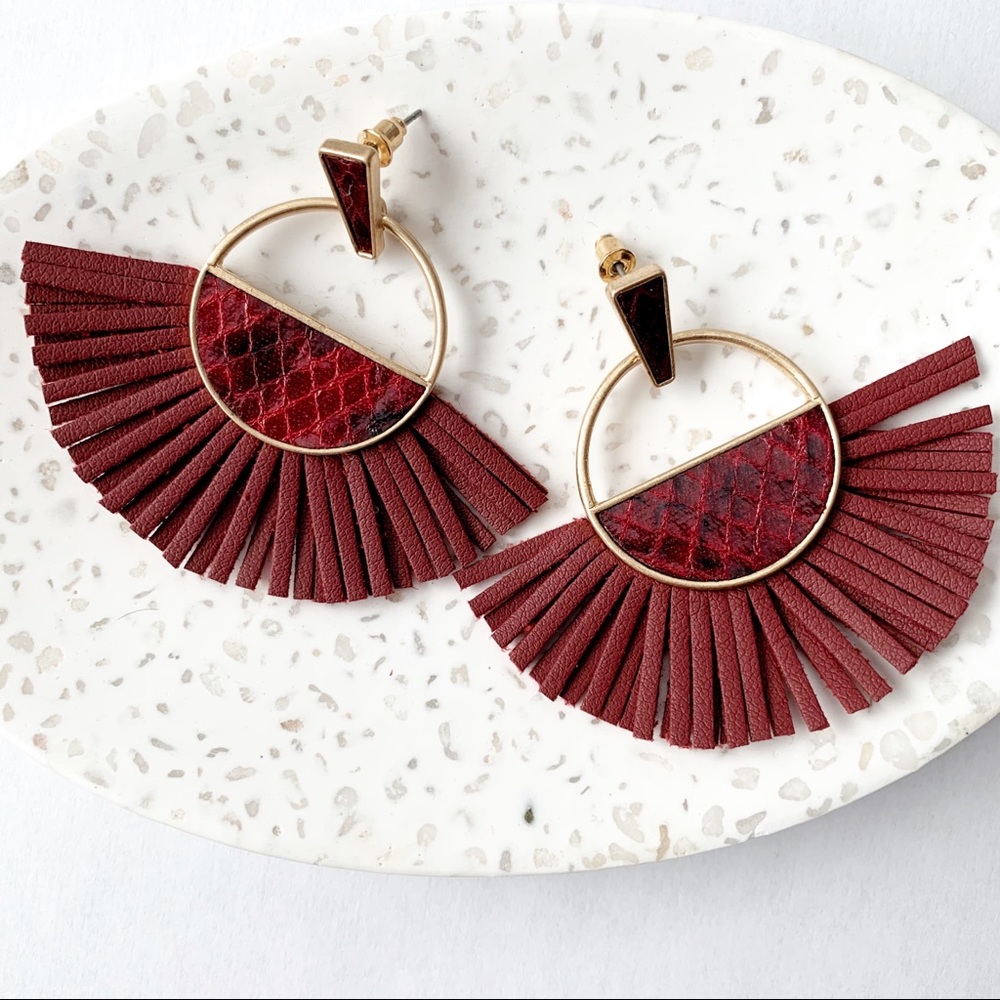 Semicircle fan vegan leather fringe earrings